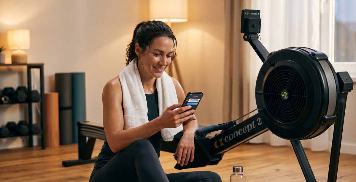 Rower reviewing workout insights on phone after a session
